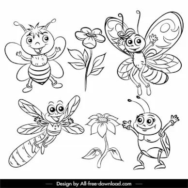 insects world icons black white cartoon sketch
