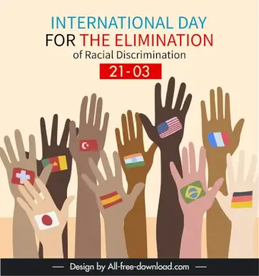 international day for the elimination of racial discrimination banner template flat dynamic raising hands sketch