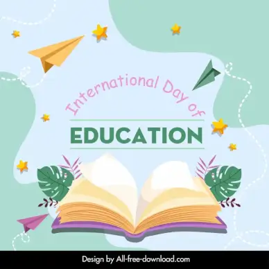   international day of education banner template dynamic classical book pages leaves paper airplane decor