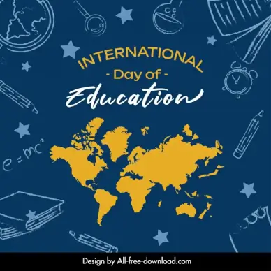 international day of education poster template flat dark retro handdrawn map school tools elements