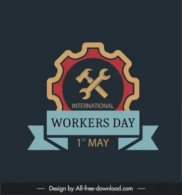   international workers day banner template flat classical ribbon gear hammer wrench tool sketch