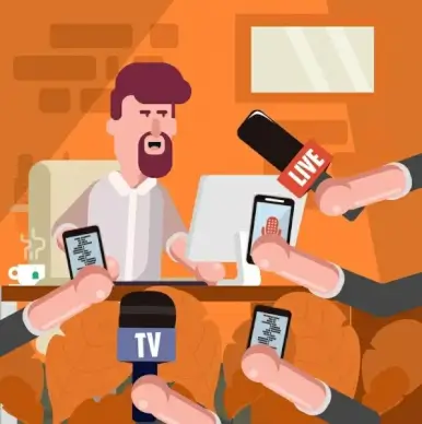 interview background man microphone hands icons cartoon characters