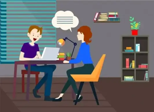 interview background man woman workplace icons cartoon design