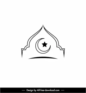 islam sign icon black white flat symmetrical star crescent roof outline