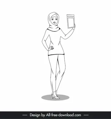 islamic lady icon black white cartoon character outline  