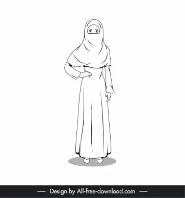 islamic lady icon elegant back white cartoon character outline  