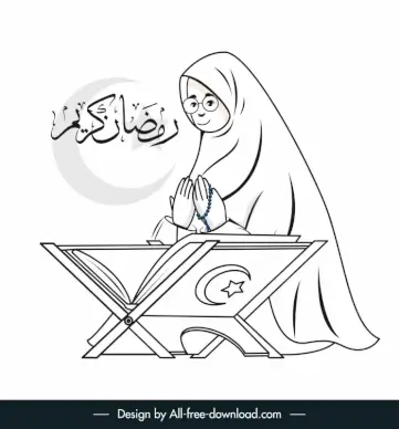  islamic prayer icon black white cripture book arabic lettering crescent star cartoon sketch