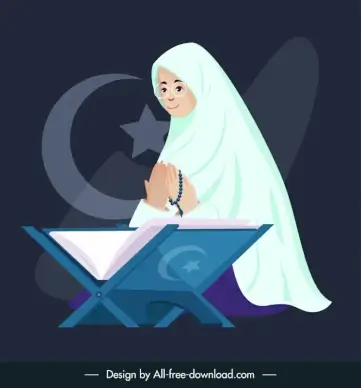  islamic prayer icon cripture book crescent star cartoon sketch