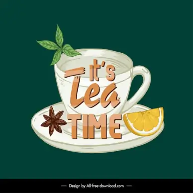 it is tea time banner template classical elegant cup lemon leaf star aniseed sketch 