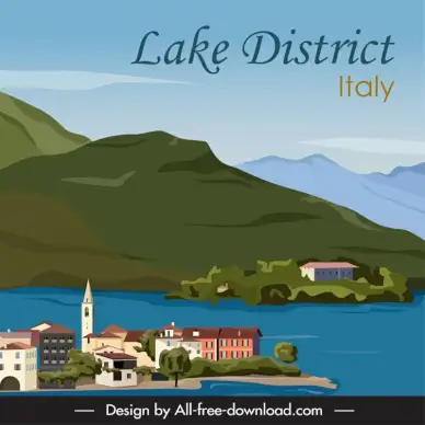 italian lake district scenery advertising banner template elegant classical design mountain residential houses sketch