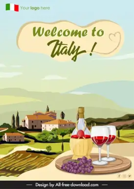 italy advertising poster template field scenery wine grapes sketch 