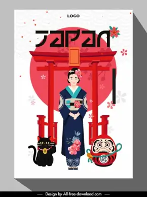 japan advertising poster template cartoon character kimono costume lady daruma doll lucky cat temple gate sketch