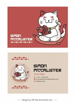 japan business card template cute flat classical handdrawn cat fish sketch