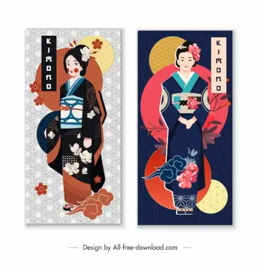 japan culture banner templates cartoon women in kimono sun, sakura sketch 
