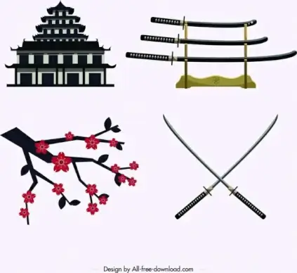 japan design elements castle sword sakura icons