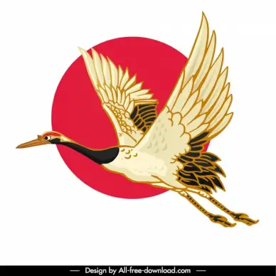 japan design elements flying crane bird sun outline