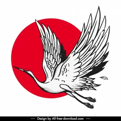 japan design elements handdrawn dynamic flying crane bird sketch