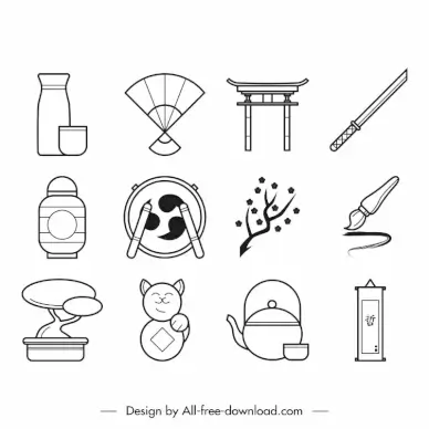 japan icon sets elegant flat classical black white handdrawn symbols 