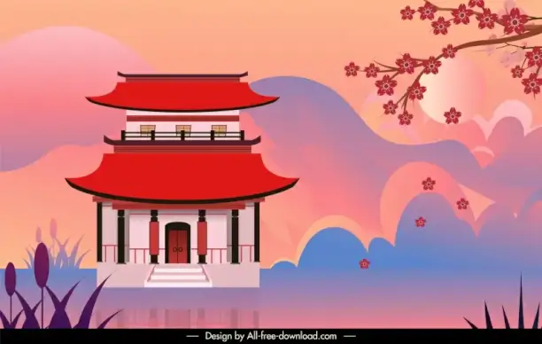 japan landcape backdrop template shiny elegant classic temple cherry blossom elements decor 