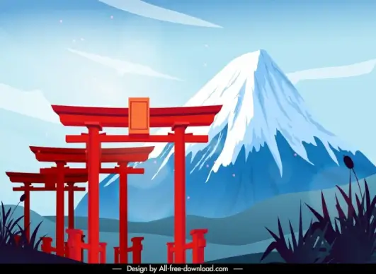 japan landscape backdrop template elegant classical temple gate snow mountain sketch 
