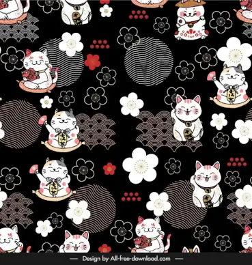 japan pattern template flat dark design cute funny cat sketch repeating design 