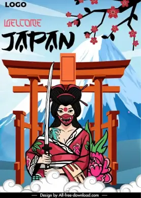  japan poster template cartoon geisha in kimono costume mountain temple gate sketch
