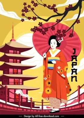  japan poster template elegant classical kimono lady castle sun cherry blossom sketch