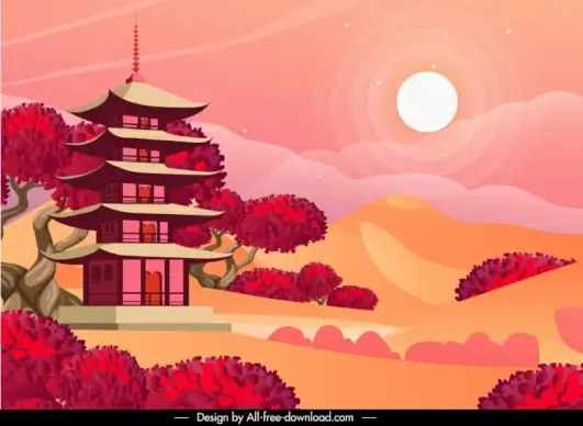 japan scenery backdrop template elegant classical trees temple sun sketch 