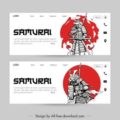 japan website template handdrawn samurai fire sun sketch handdrawn design 