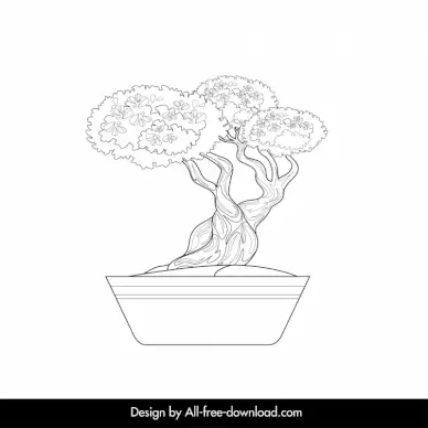 japanese bonsai tree icon classical black white handdrawn outline