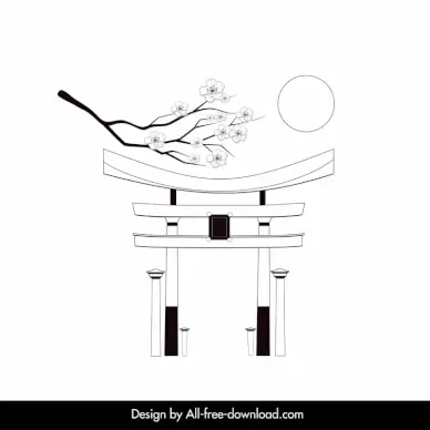 japanese design elements black white classic temple gate sakura flower sun sketch
