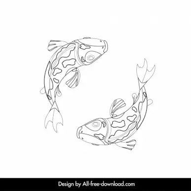japanese koi fish icon dynamic black white handdrawn outline  