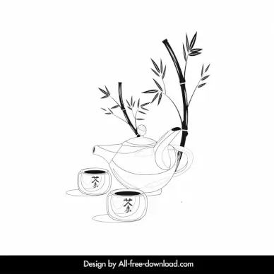 japanese tea set icon black white handdrawn bamboo cup pot outline