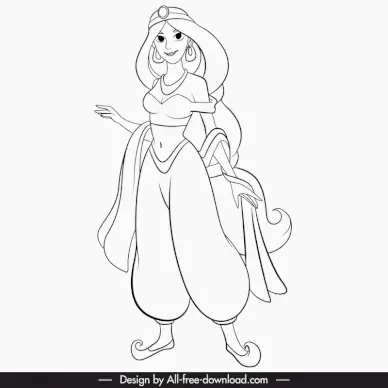 jasmine cartoon character icon beautiful lady in eastern costume black white handdrawn cartoon outline