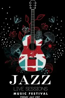 jazz festival banner guitar flower icons dark design