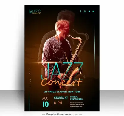 jazz music poster template saxophonist sketch elegant realistic design