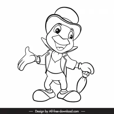 jiminy cricket icon black white sketch handdrawn cartoon character 