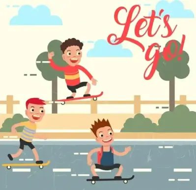 joyful boys drawing rollerskating sports colored cartoon