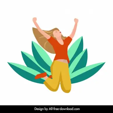 joyful jumping woman icon dynamic cartoon character sketch