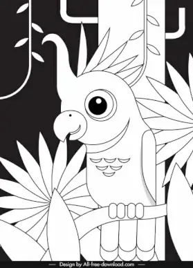 jungle painting parrot leaves sketch flat black white