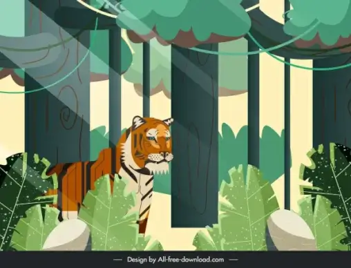jungle painting trees tiger sketch colorful classic design