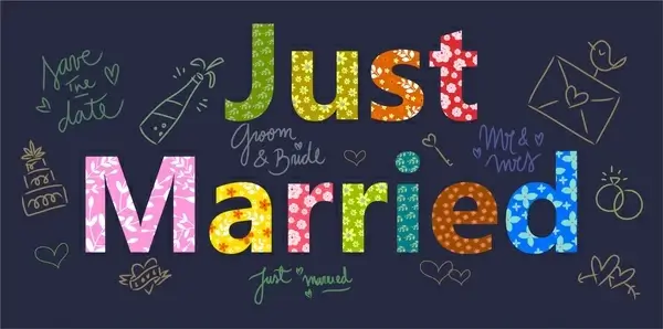just married template design with hand drawn ornament