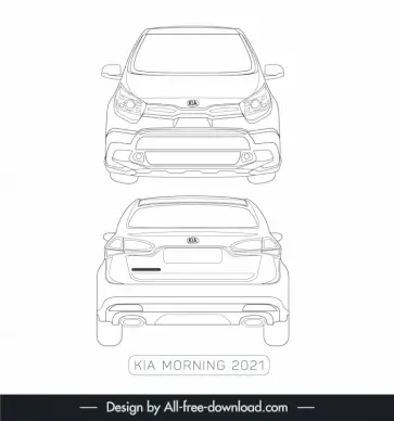 kia morning 2021 car lineart template black white handdrawn front view back view outline 