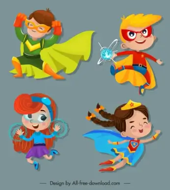 kid hero icons cute cartoon characters sketch