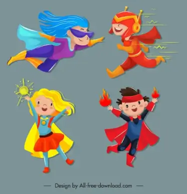 kid hero icons funny design cute cartoon characters