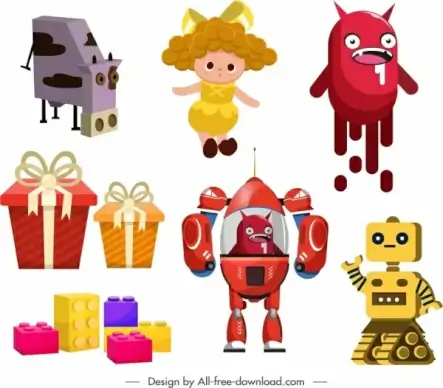 kid toys icons colorful contemporary objects sketch
