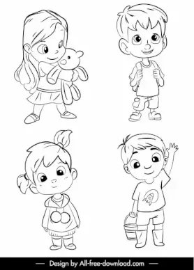 kids icons cute cartoon sketch black white handdrawn