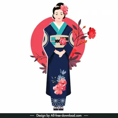 kimono japan girl icon traditional costume sakura sun sketch cartoon design 