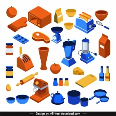 kitchen objects icons colored classic 3d sketch