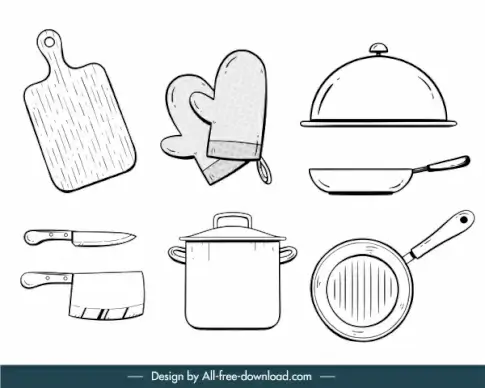 kitchen utensils icons black white handdrawn flat sketch